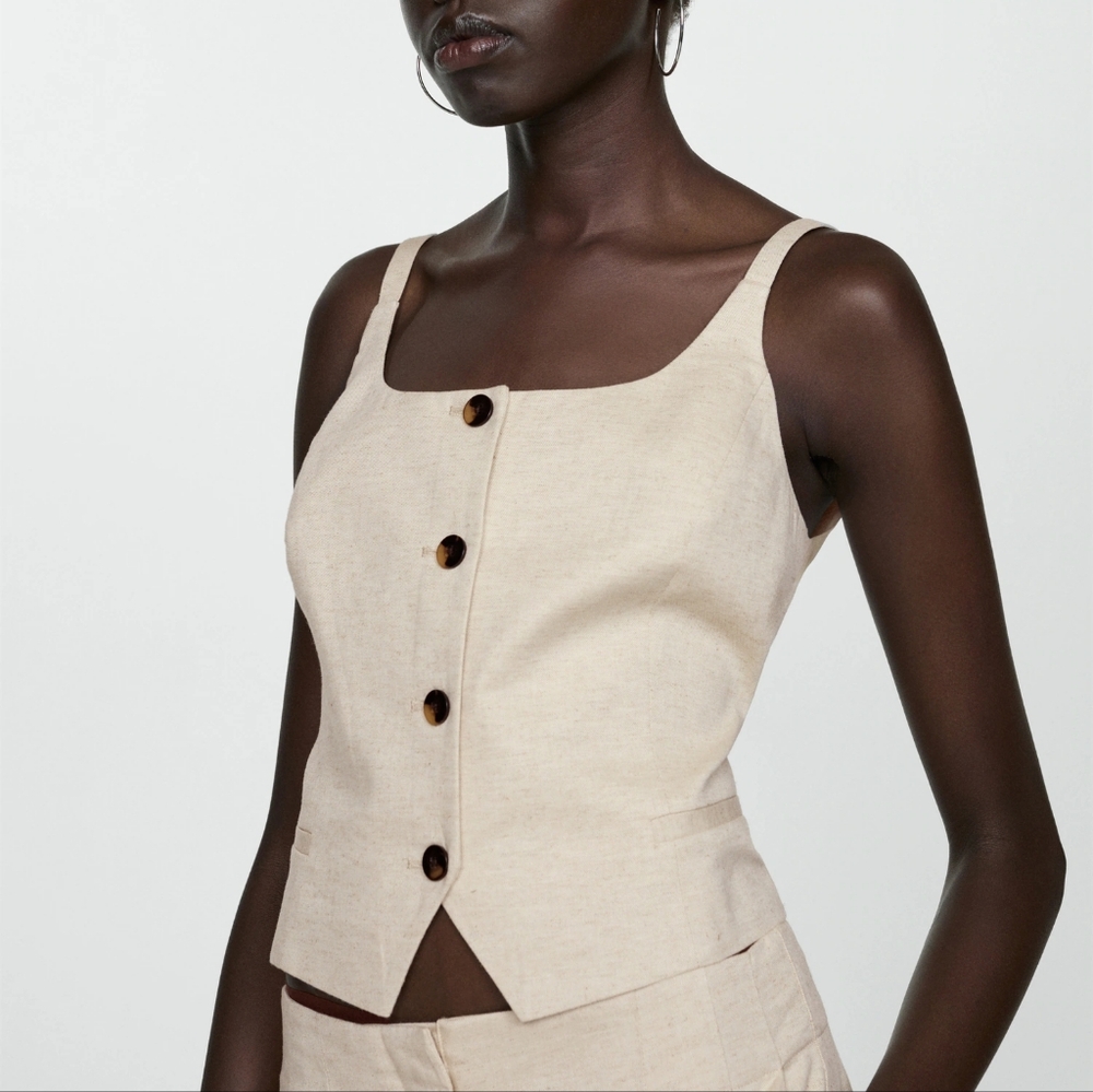 Mango Beige Button-Front Linen Blend Tank Top